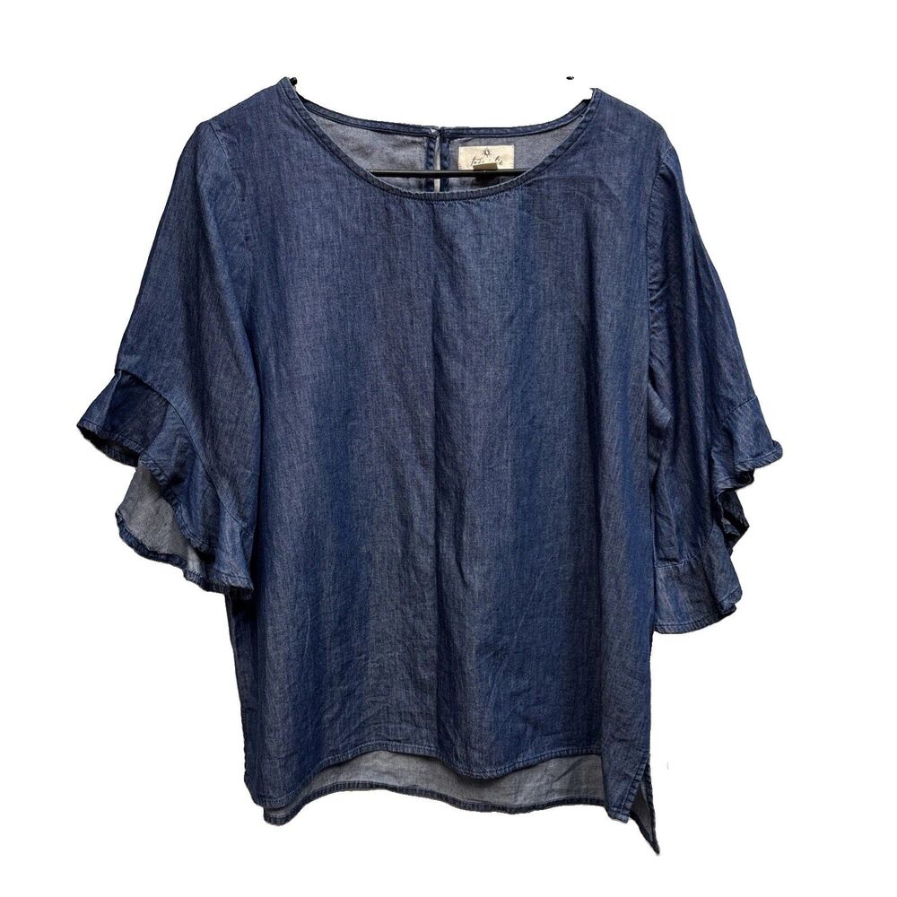 Trés Jolie Women Chambray Denim Blouse Top Ruffle Sleeve Cotton L Keyhole Button